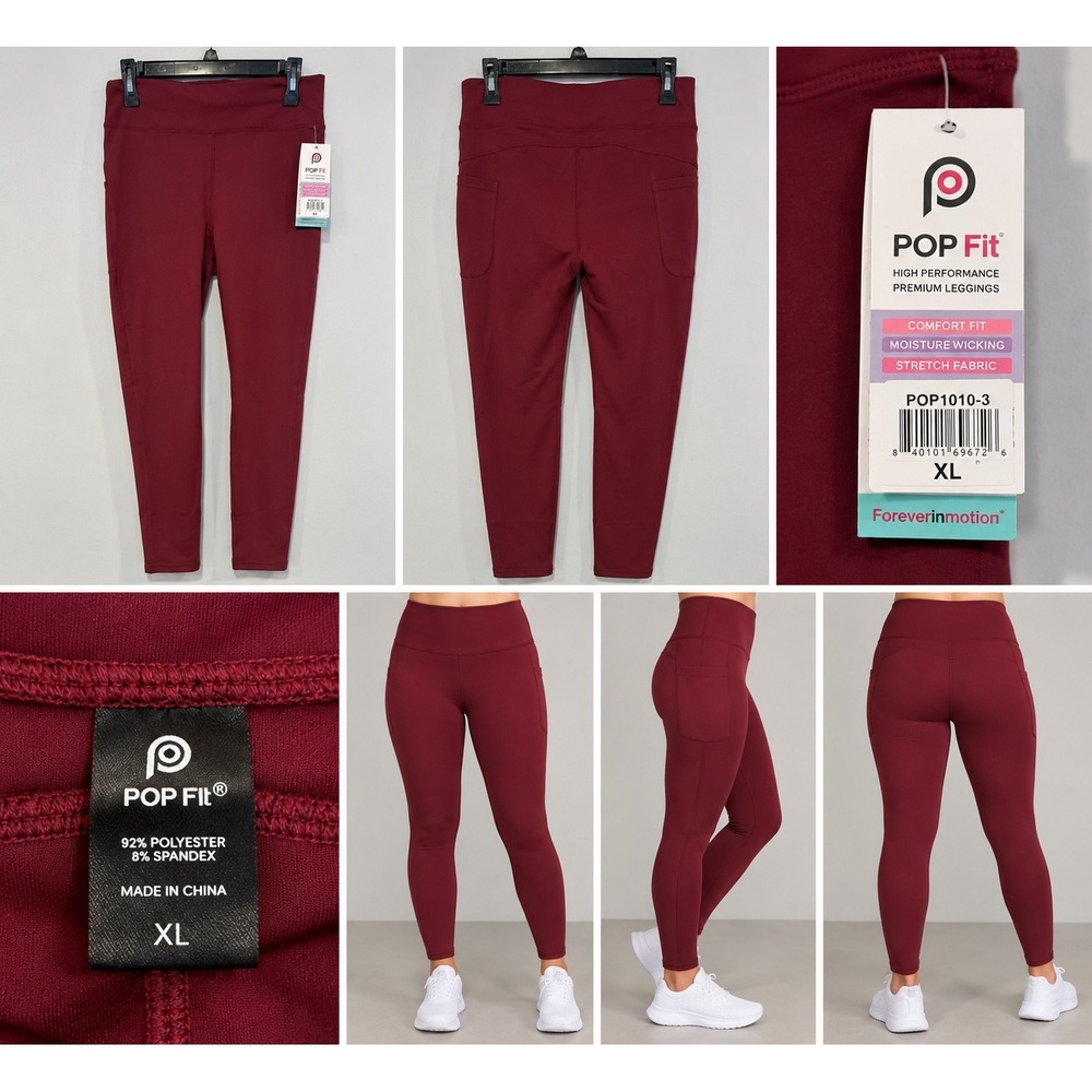 POP Fit Leggings Womens XL Burgundy Athleisure Sporty Chic High Waist Pockets